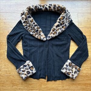 SOLD!!Black Ribbed Cardigan with Leopard Faux Fur Collar & Cuffs Sz L